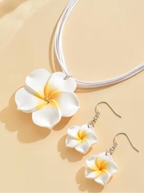 White & Yellow Plumeria Flower Necklace and Earring Set
